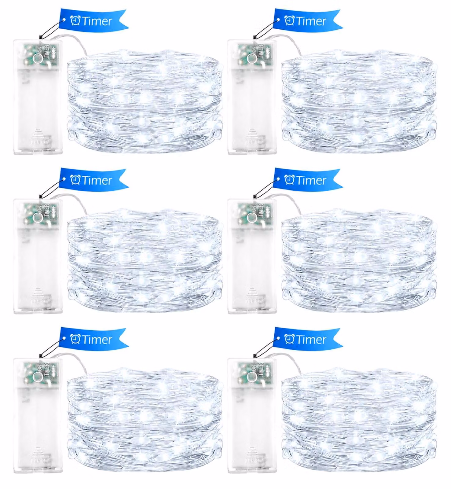 Catena luminosa in filo di rame, luce bianca fredda, 1 metro, 10 LED, con timer, confezione da 6