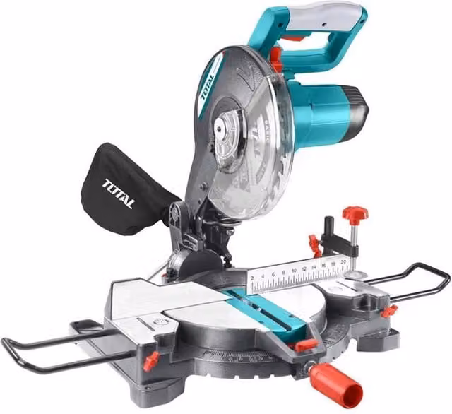 Troncatrice Radiale Elettrica da Banco Total 1800W per Taglio Legno con Angolazione 45° Multicolore