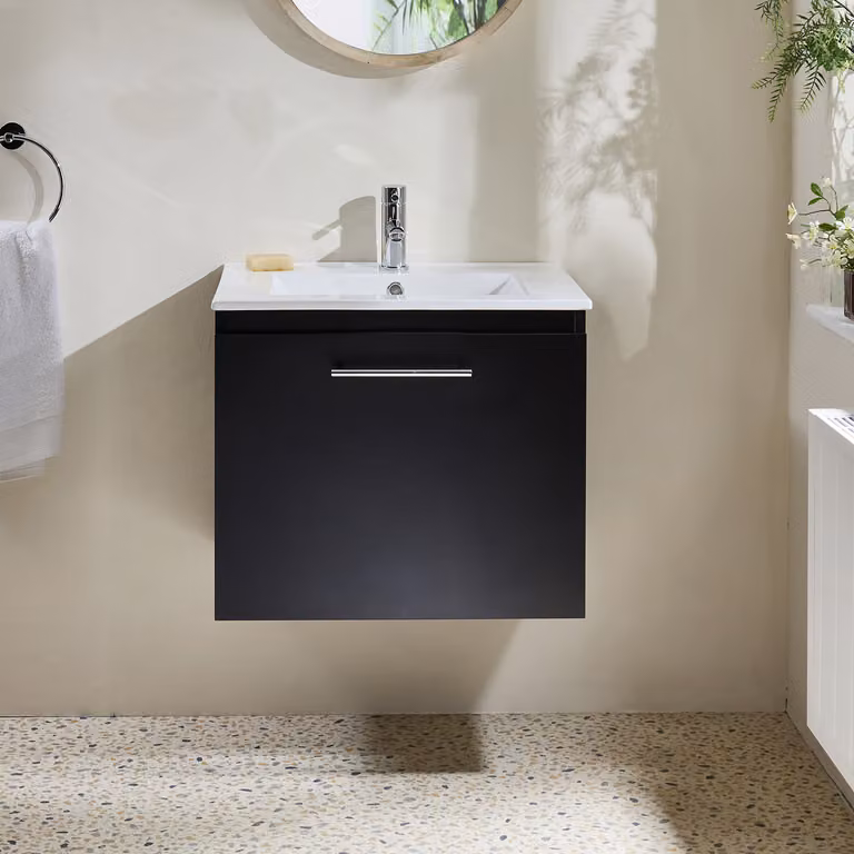 Mobile Bagno Grigio Nero Sospeso da 600mm con Lavabo e Maniglia con Barra a T Cromate - Cluo