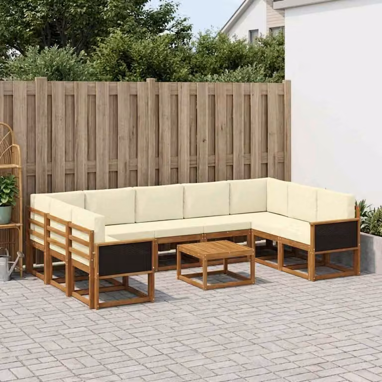 vidaXL Set di divani da esterno componibili a L in legno di acacia con tavolino e cuscini, Marrone e Beige
