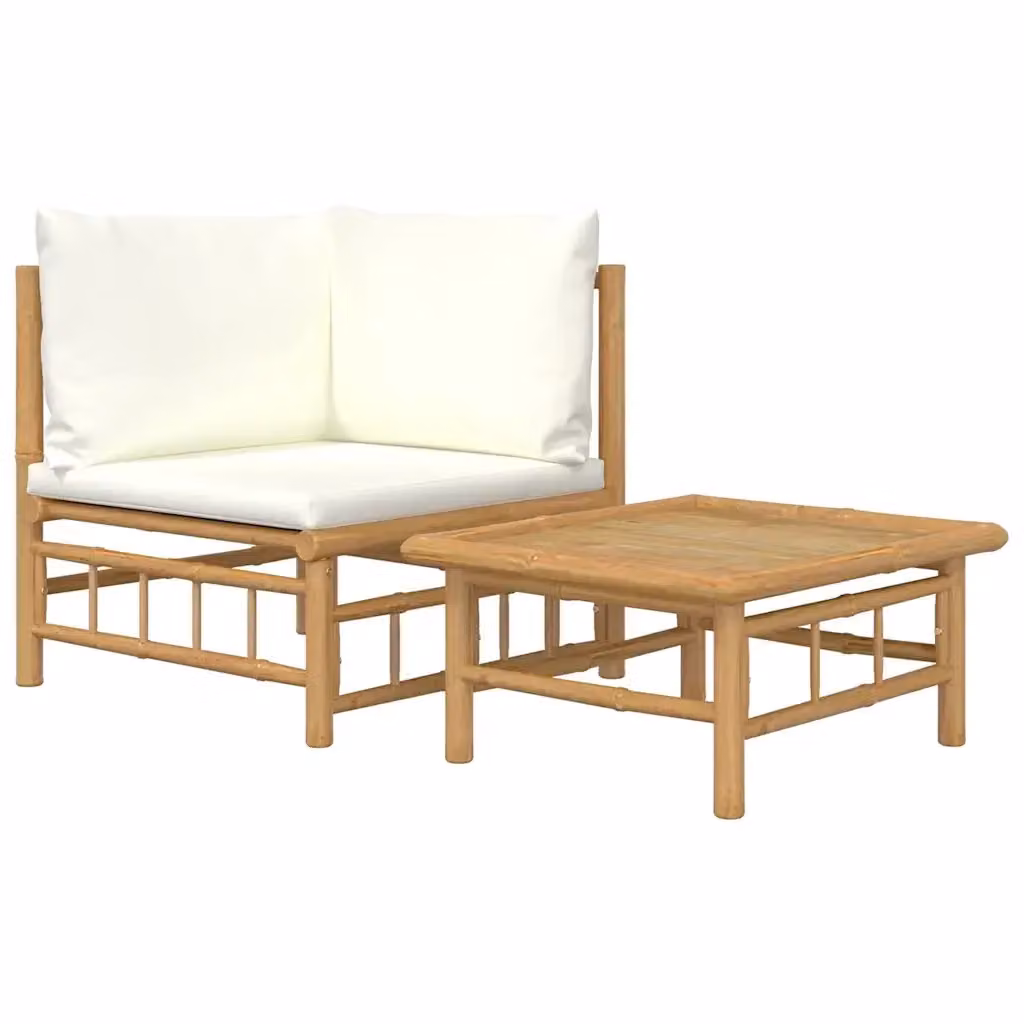 Set Salotto da Giardino Moderno in Bambù con Divano a 2 Posti, Elemento Angolare, Tavolino e Cuscini Bianco e Beige – 2