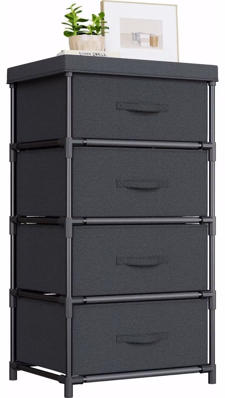 Comodino in tessuto con 4 cassetti, dimensioni 85x44x34 cm, colore nero
