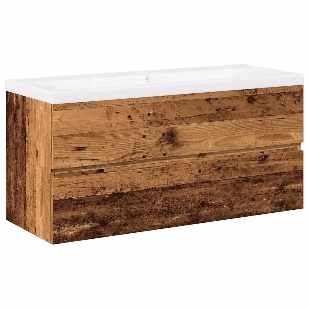 Mobile da bagno sospeso vidaXL in legno e ceramica con lavabo integrato, stile rustico, bianco e marrone, L: 100 cm, P: 45 cm, H: 38,5 cm – 2
