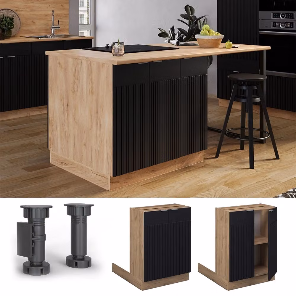 Isola cucina Vicco Fame-Line Nero rigato e Rovere dorato senza piano di lavoro L: 60 cm, H: 82 cm, P: 30 cm – 2