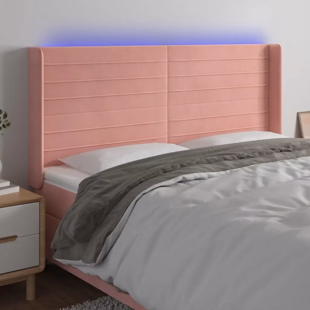 Testata del letto con illuminazione LED e porta di ricarica USB in velluto rosa, L: 203 cm, P: 16 cm, H: 118/128 cm – 2