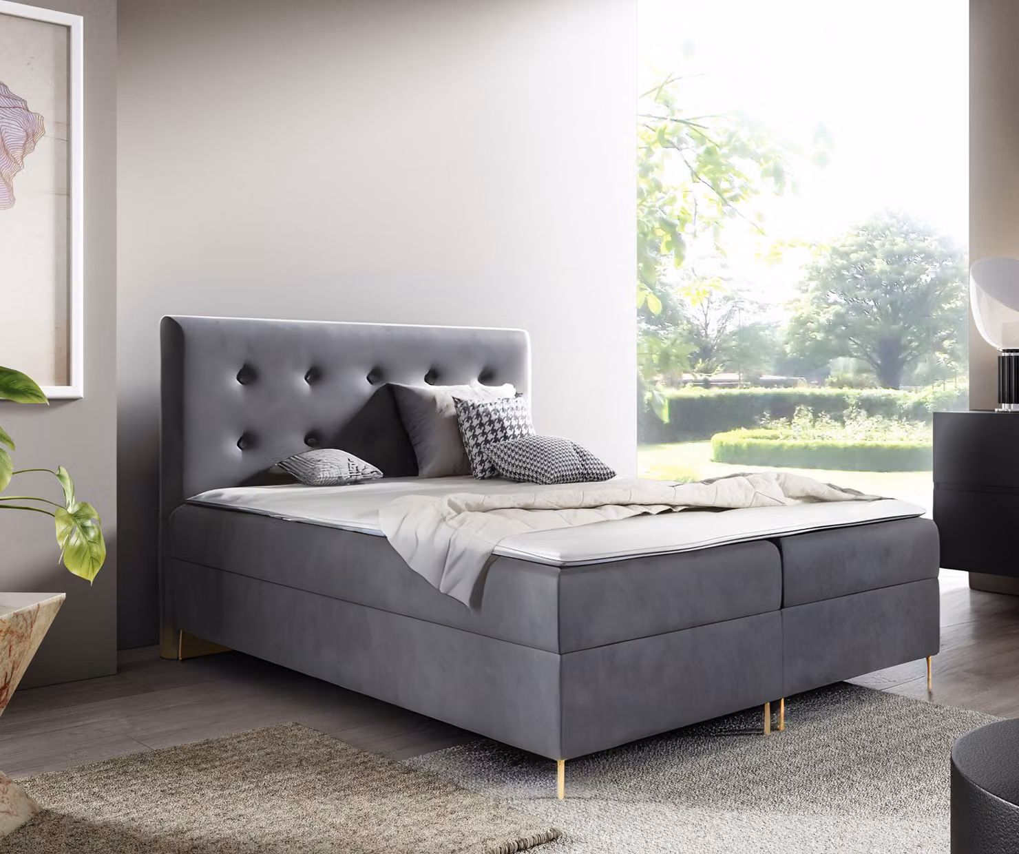 GUTTO Letto con materasso a molle LOUI 140 x 200cm 2x Contenitore TOPPER 5cm Libero Grigio Velour Alto Gambe Dorate