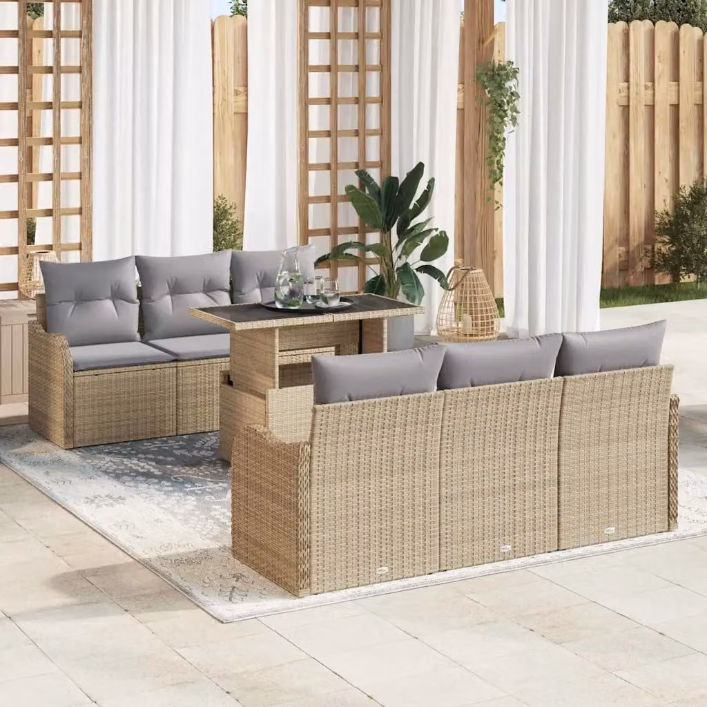Set Divano da Giardino Moderno vidaXL 7 pz in Polyrattan Beige con Tavolino in Vetro e Struttura in Metallo
