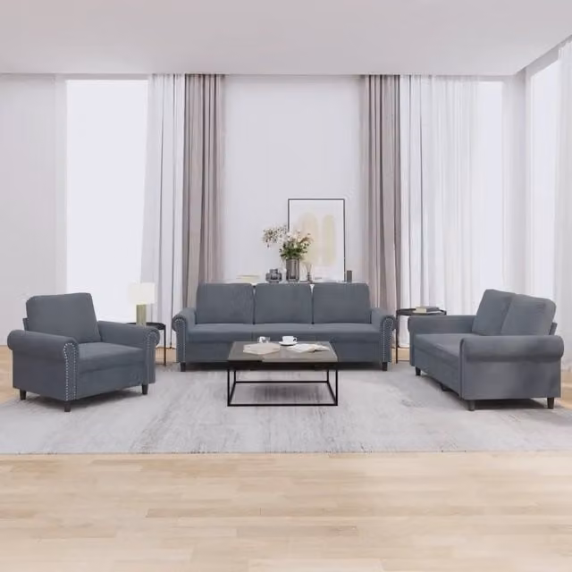 Set di divani moderno vidaXL in velluto grigio composto da un divano a 3 posti e un divano a 2 posti con cuscini coordinati – 1