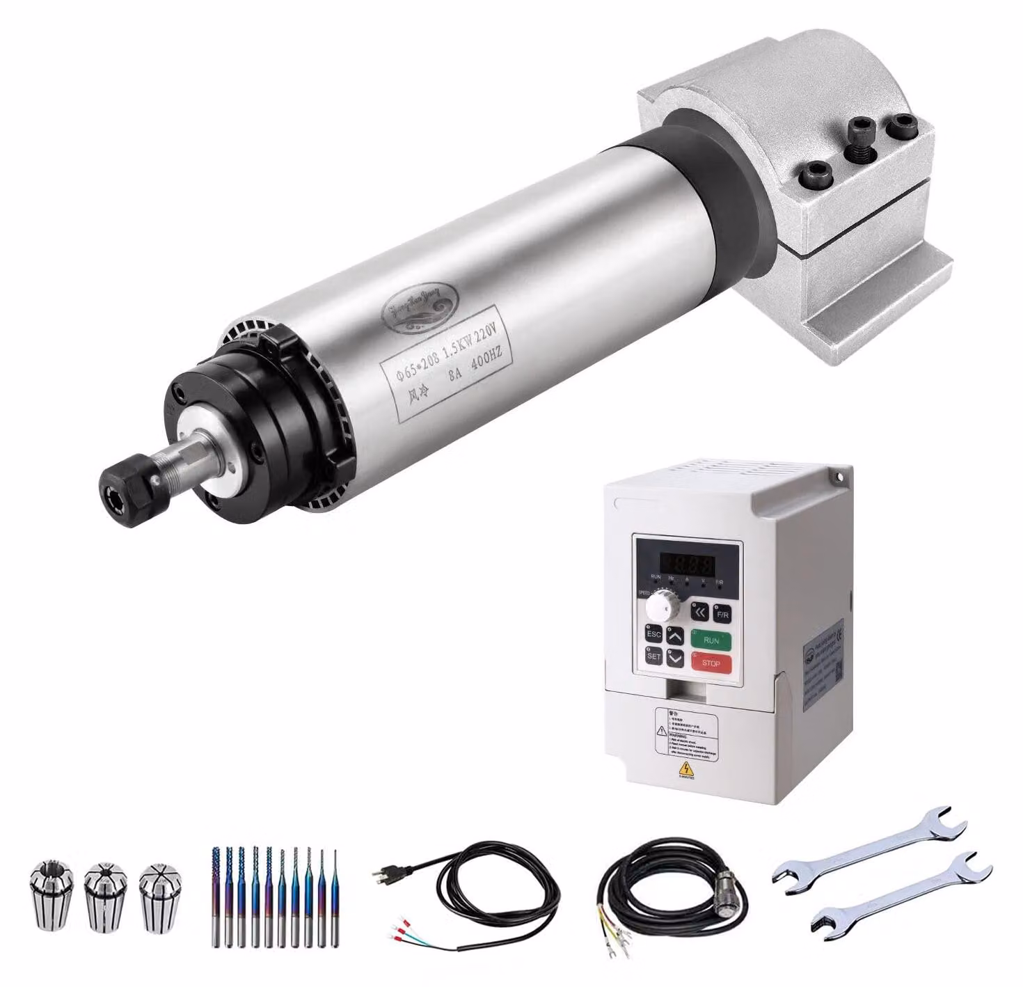 Kit motore mandrino CNC da 1,5 kW, 220 V, raffreddato ad aria, con inverter (VFD) e accessori