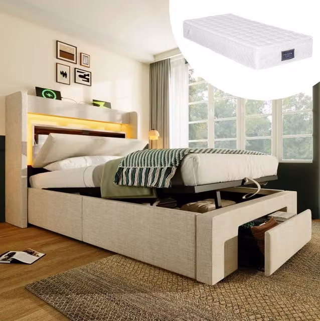 Letto imbottito 90x200 cm con contenitore idraulico; LED; USB e USB-C; beige; con materasso