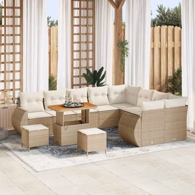 Set Divano da Giardino 12 Pezzi vidaXL Beige con Cuscini e Tavolino in Polyrattan e Metallo – 1