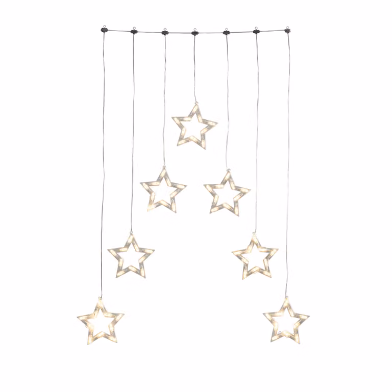 Konstsmide - Tenda luminosa a LED con 7 sagome di stelle, dimensioni stelle: L: 18 cm, H: 18, 5 cm, 70 diodi bianchi caldi, trasformatore per esterni da 24 V, cavo trasparente ; 4043-103