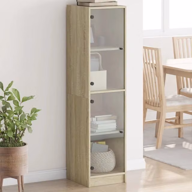 Credenza Design Mania con Ante in Vetro e Finitura Rovere, Colore Marrone, L/P/H: 35 x 20 x 142 cm