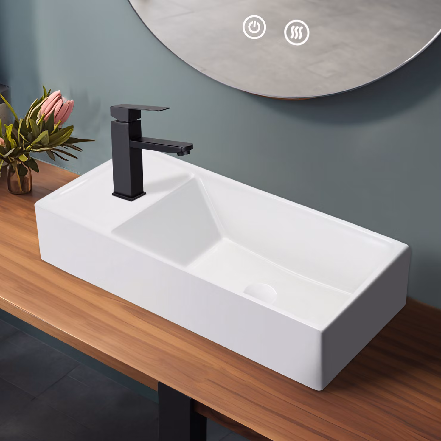 ZMH lavabo in Vetroceramica sospeso lavabo rettangolare da appoggio con foro per rubinetto 40 × 22 × 10 cm lavabo sospeso a sinistra per il bagno lavabo per toilette ospiti