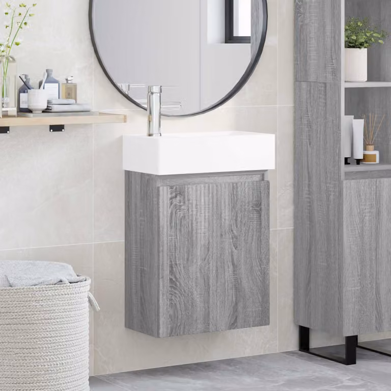 Mobile bagno vidaXL con rubinetto in stile minimalista, colore grigio e bianco, L: 45,5 cm, P: 22,5 cm, H: 84 cm
