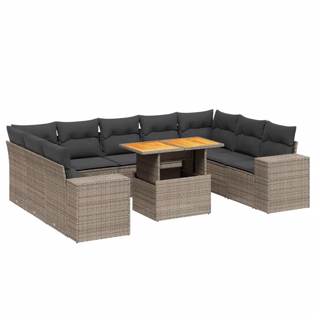 vidaXL Set Divano da Giardino 10 pz a Forma di L in Polyrattan Grigio con Cuscini e Tavolino – 2