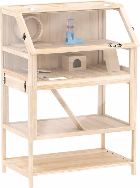 Gabbia per Criceti in Legno PawHut a 3 Piani con Fondo Estraibile, Ruota, Altalena, Rampa e Casetta, Colore Legno Naturale, L: 80 cm, P: 53 cm, H: 117 cm