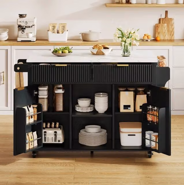Isola da cucina su ruote con piano ribaltabile 143 x 45/69 x 89;5 cm; MDF nero e naturale
