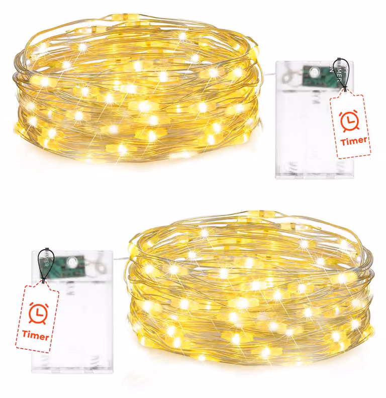 Catena luminosa con timer, 2 metri, 20 LED, luce bianco caldo, filo argentato, confezione da 2 pezzi, grado di protezione IP65