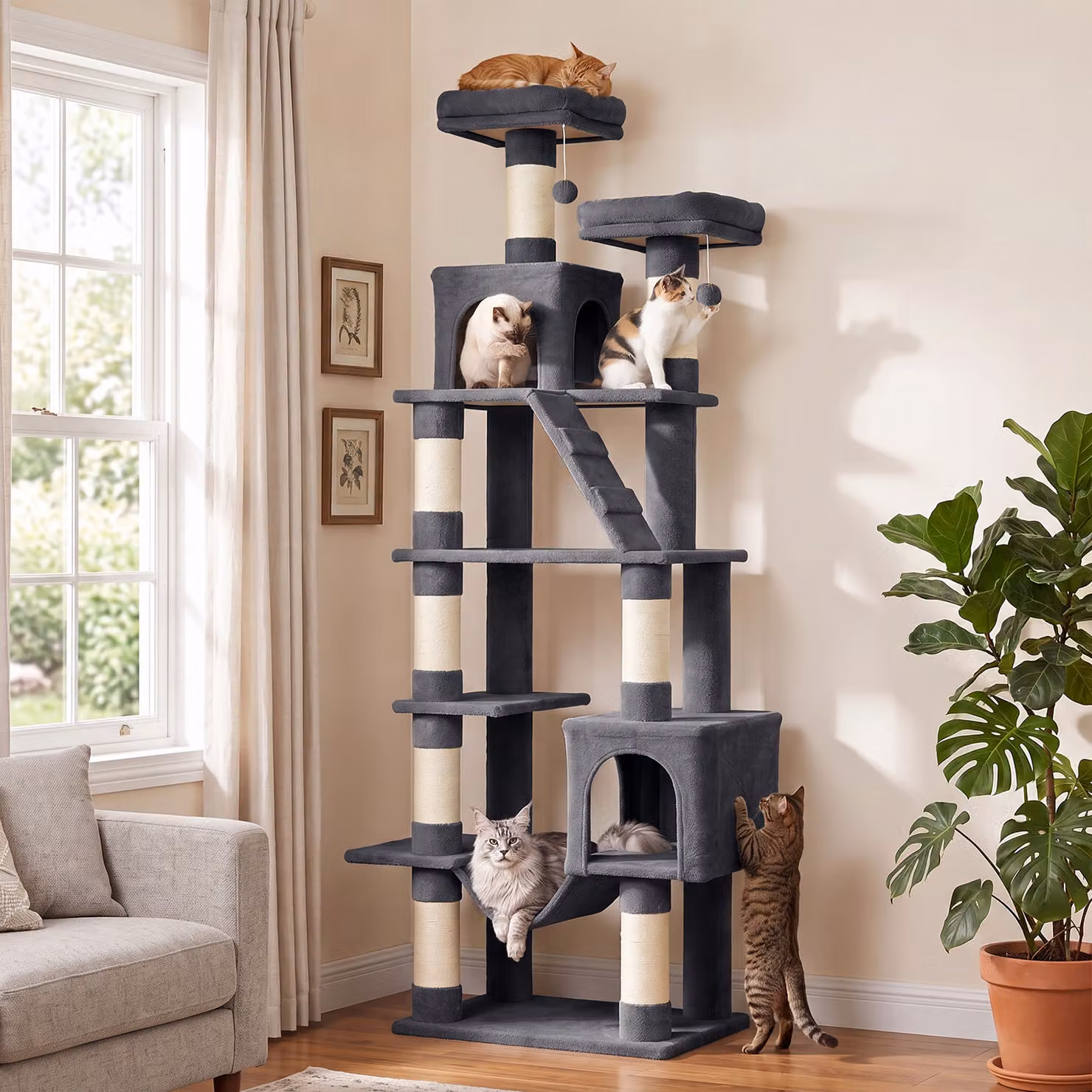 Albero tiragraffi multilivello PawHut per gatti con 2 cucce, amaca, 2 letti e pali in sisal, grigio scuro, Altezza: 204 cm – 2