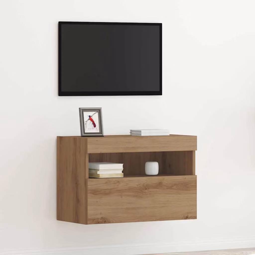 Mobile TV da parete vidaXL in rovere artigianale con illuminazione integrata, L 60 cm, P 30 cm, H 40 cm