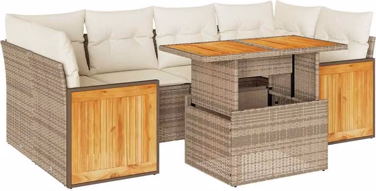 Set Divani da Giardino 7 pz con Cuscini Beige Polyrattan Acacia