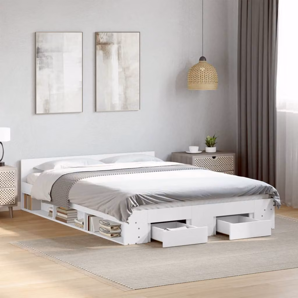 vidaXL Giroletto con Cassetti Bianco in Legno Multistrato L: 160 cm, P: 200 cm, H: 163 cm – 1