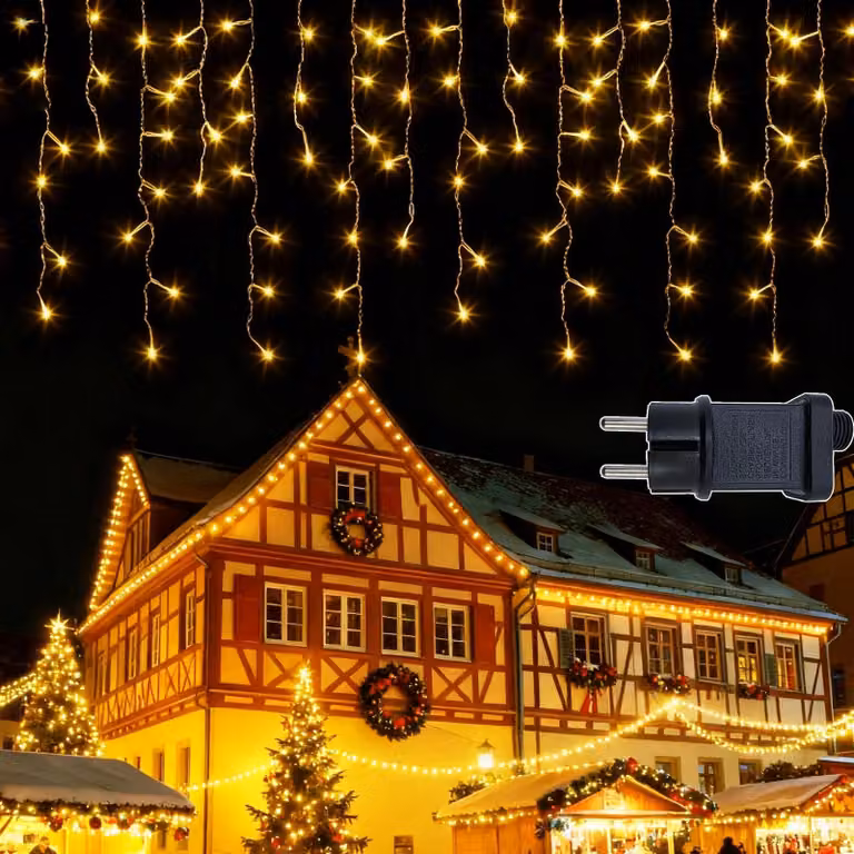 Catena luminosa da 15 metri, con 600 LED bianco caldo, grado di protezione IP44, timer e 8 modalità di illuminazione