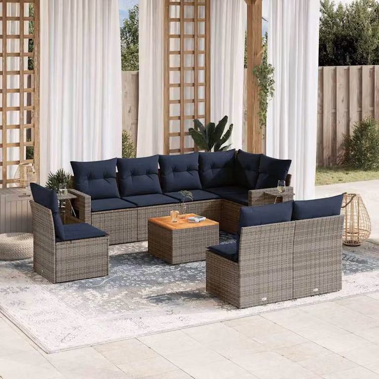 Set Divani da Giardino vidaXL 9 pz in Polyrattan Grigio con Cuscini e Tavolino da Esterno a Forma di L