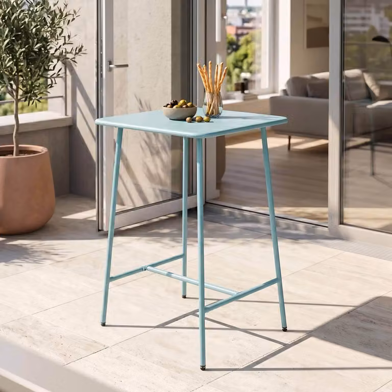 Tavolo alto da giardino quadrato in acciaio blu turchese di 70 cm - Oviala Palavas