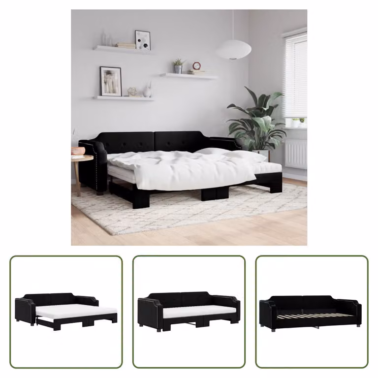 The Living Store Lettino allungabile con materassi nero 90x200 cm in tessuto