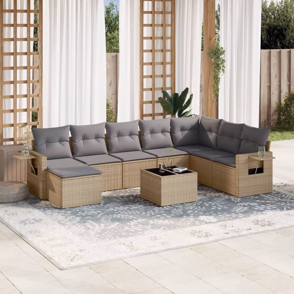 vidaXL Set Divano da Giardino a L in Polyrattan con Cuscini Beige e Tavolino, 9 Pezzi – 1