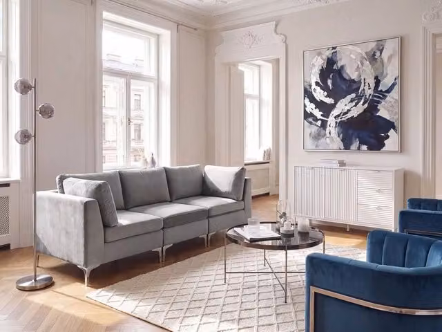 Divano Componibile Beliani in Velluto Grigio e Argento con Cuscini e Coperture Rimovibili Stile Glamour