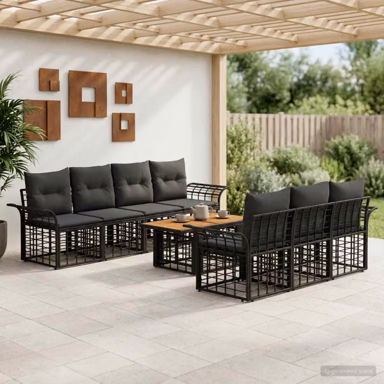 Set Divano da Giardino vidaXL 8 pz in Polyrattan Nero e Grigio con Cuscini e Tavolino da Caffè a Forma di U