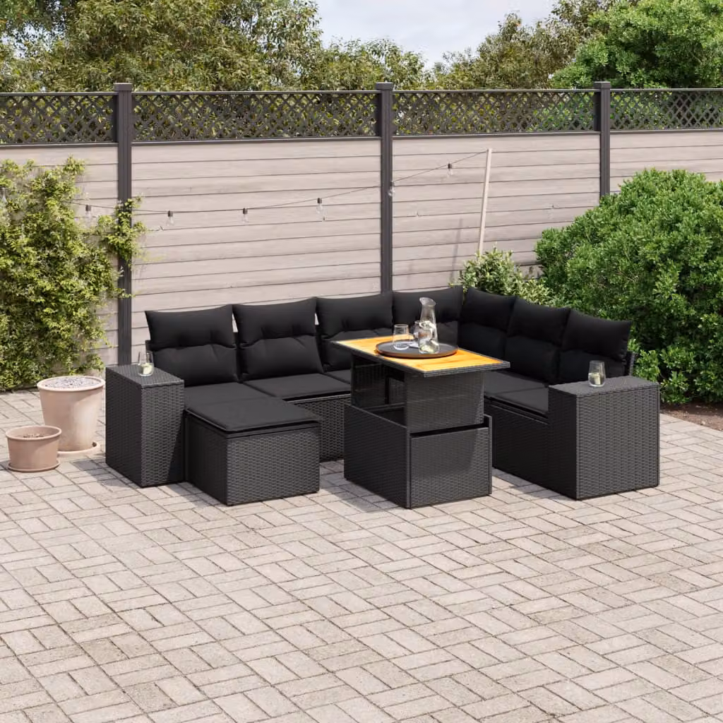 Set Divani da Giardino vidaXL in Polyrattan Nero con Cuscini e Tavolino da Esterno 8 Pezzi – 1