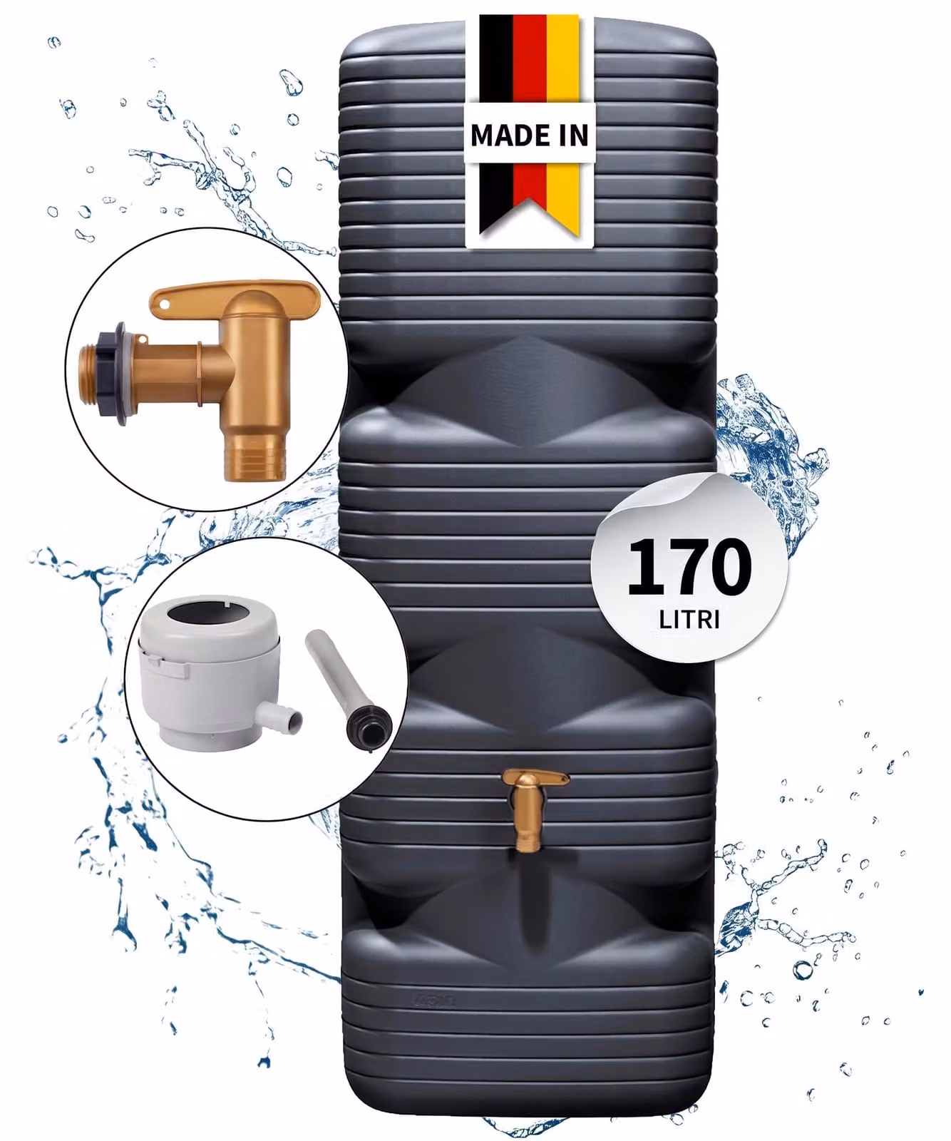 4rain QUADRO serbatoio da parete set completo 170 litri grigio grafite incl. rubinetto in plastica e raccordo pluviale
