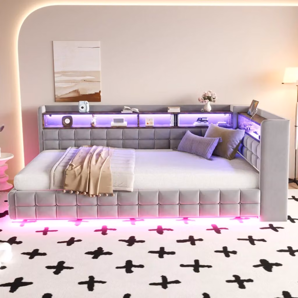 Divano letto Mivray in velluto grigio con vano contenitore idraulico, illuminazione LED e porte di ricarica USB e Type-C, dimensioni 90 x 200 cm – 2