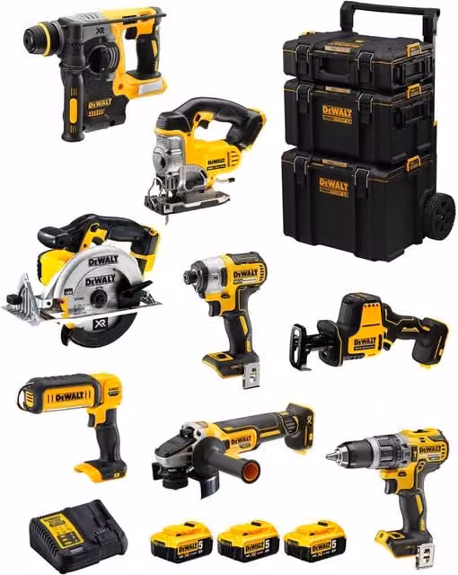 Kit utensili DeWALT DWK804 con avvitatore, trapano, martello pneumatico, smerigliatrice, seghetto, troncatrice, motosega, 3 batterie da 5,0 Ah, caricabatterie e caddy 3in1, colore giallo