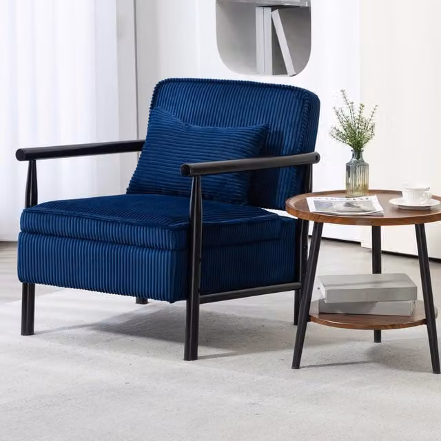 Poltrona Minimal in Velluto Blu con Struttura in Legno Massiccio e Cuscino Lombare