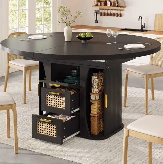 Tavolo da pranzo allungabile 118-158 x 118 cm con cassetti effetto rattan; MDF nero