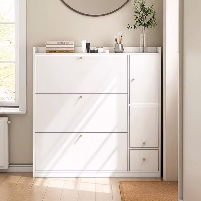 Armoire ?? chaussures polyvalente - Xylo - 119*24*122 - Blanc - 3 tiroirs rabattables avec banc