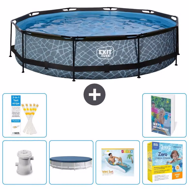 Piscina a sfioro "Exit Pool Rund" - Design effetto pietra - 360x76 cm - 5 pezzi - Modello S309