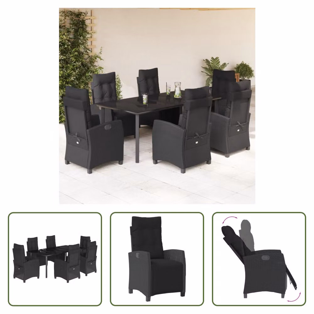 The Living Store Set da pranzo da giardino 7 pezzi con cuscini in polirattan nero