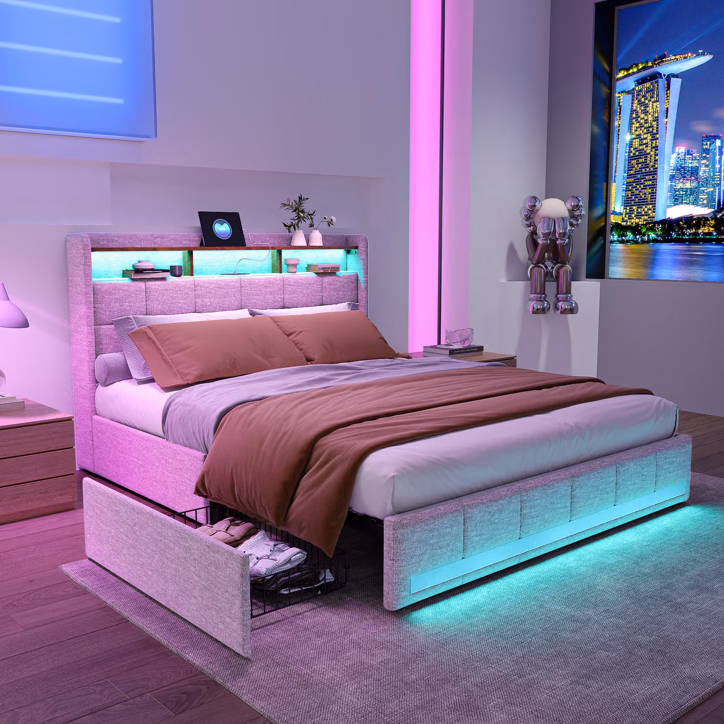 Letto imbottito Fortuna Lai 140x200 cm in beige, letto matrimoniale e giovanile con rete a doghe, connessione USB, illuminazione LED e 4 cassetti, rivestimento in lino