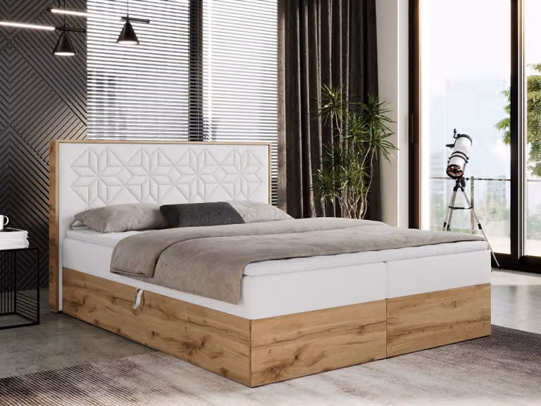 Letto boxspring 140x200 con contenitore, letto imbottito 140x200 con materasso H4, letto boxspring 140x200 con testiera, letto boxspring in legno massello - Nessi - Pelle finta bianca - H4