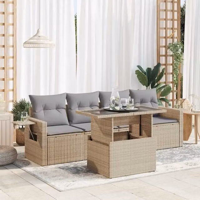 Set Divano da Giardino 5 pz vidaXL in Polyrattan con Cuscini Beige e Grigio per Terrazza o Giardino – 1