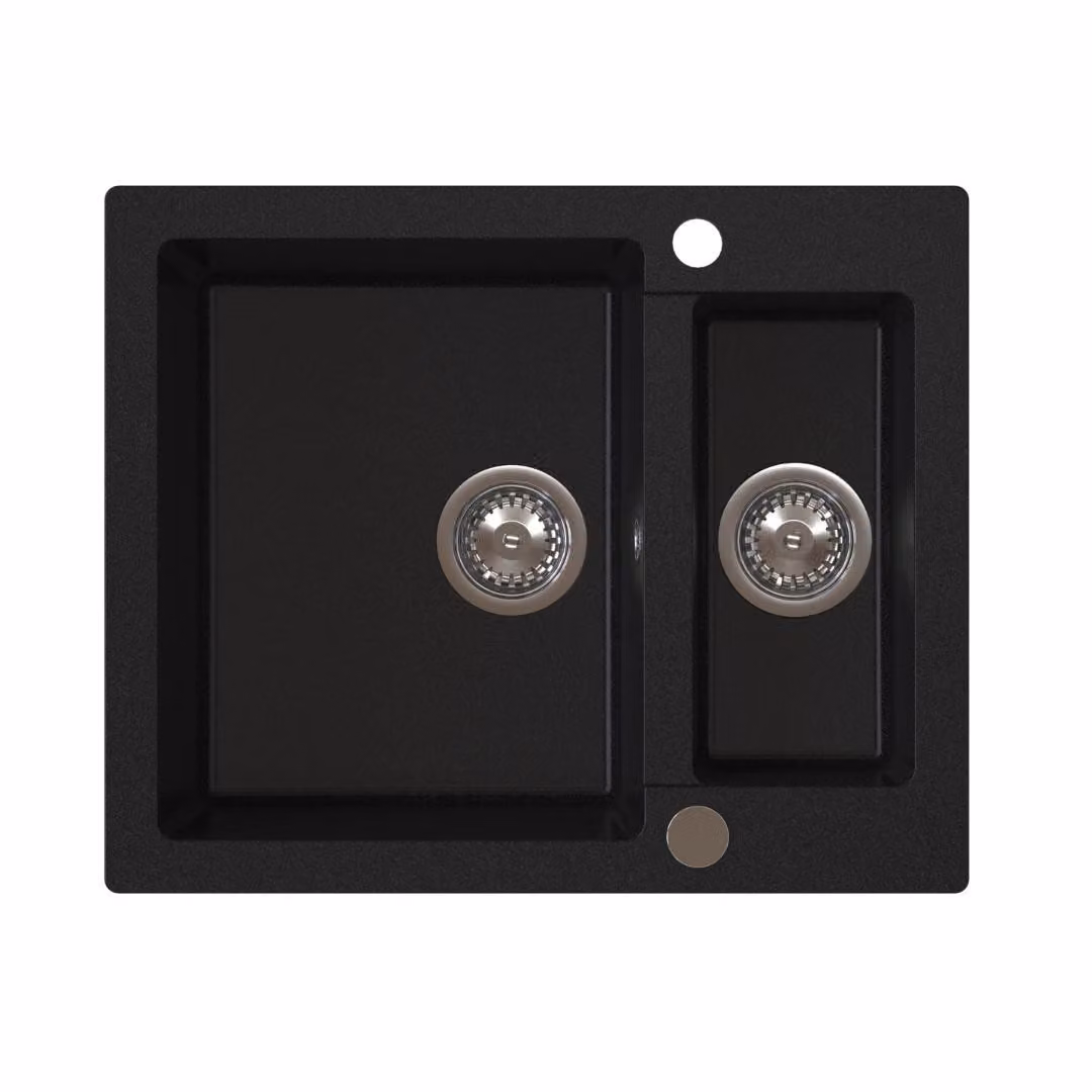 Lavello VBChome 60x50x20 cm, granito nero, 1,5 vasche, da incasso, effetto screziato, vasca di raccolta, sifone