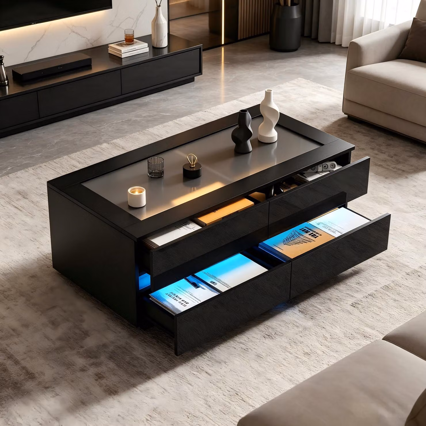 Tavolino Merax lucido con 4 cassetti e illuminazione a LED, tavolino da salotto con piano in vetro e pellicola protettiva, tavolino da caffè in truciolato, nero