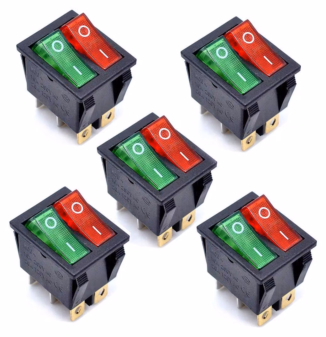 5 interruttori KCD4, unipolari, a due vie, 250V, 16A, colore rosso/verde, 6 poli