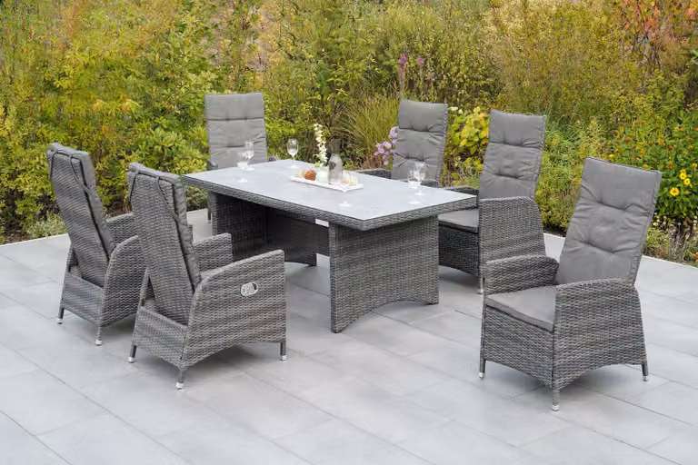 Set di mobili da giardino Merxx "Bologna" con tavolo 195 x 93 cm, cuscini inclusi - Struttura in alluminio con intreccio in plastica grigio